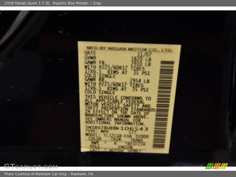 Majestic Blue Metallic / Gray 2008 Nissan Quest 3.5 SE