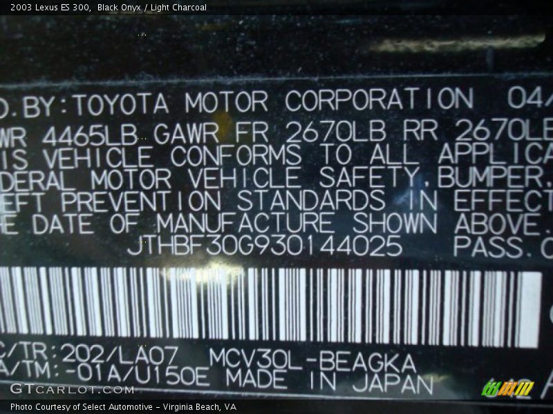 Black Onyx / Light Charcoal 2003 Lexus ES 300