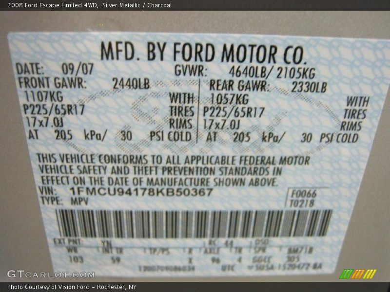 Silver Metallic / Charcoal 2008 Ford Escape Limited 4WD