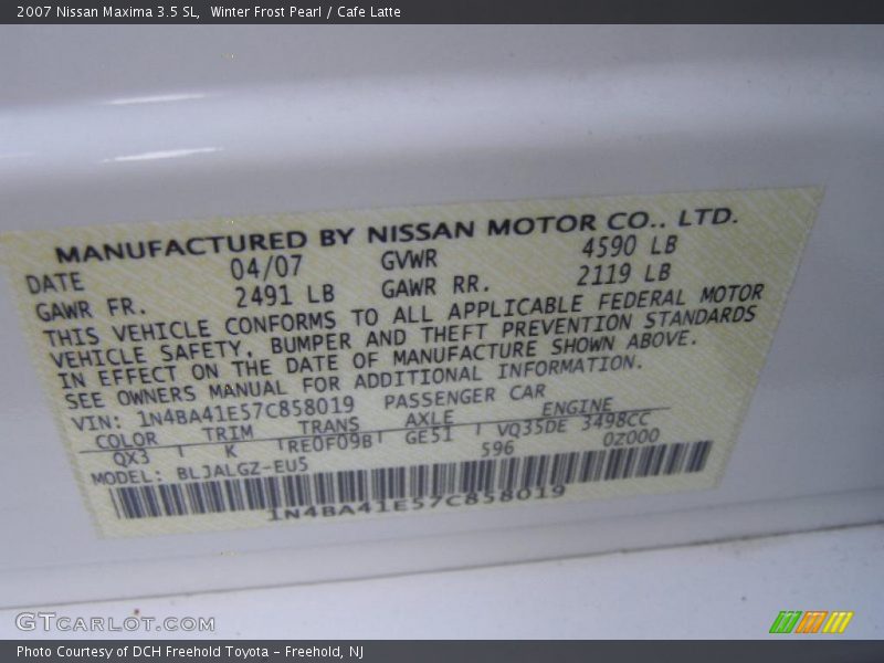 Winter Frost Pearl / Cafe Latte 2007 Nissan Maxima 3.5 SL