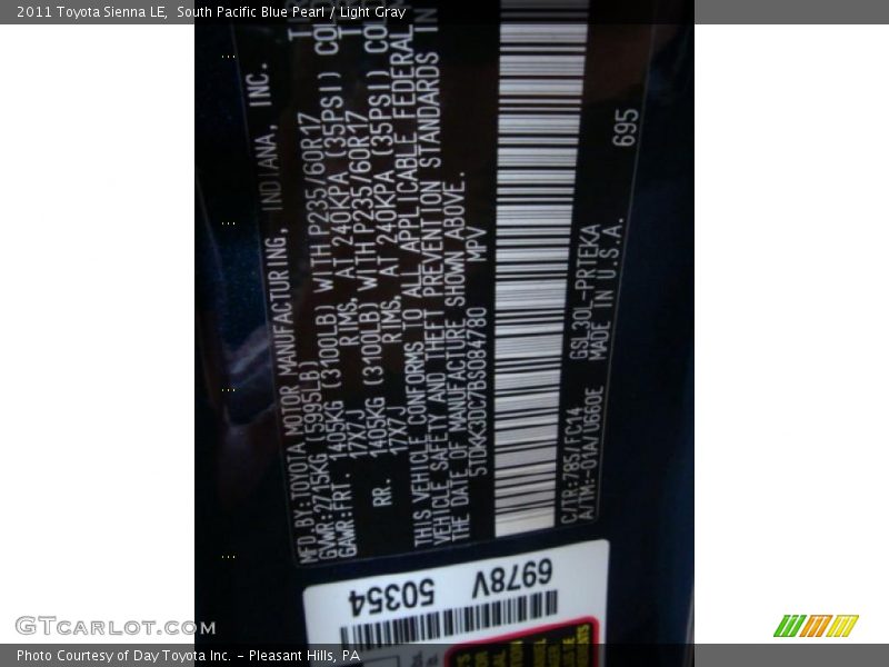 South Pacific Blue Pearl / Light Gray 2011 Toyota Sienna LE