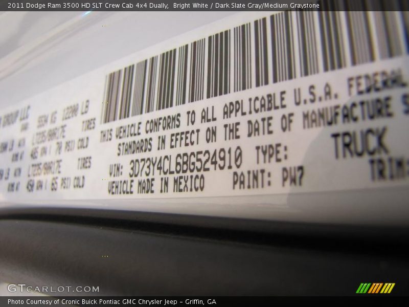 2011 Ram 3500 HD SLT Crew Cab 4x4 Dually Bright White Color Code PW7