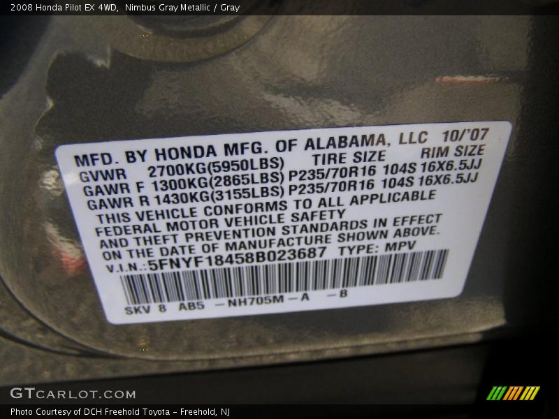 Nimbus Gray Metallic / Gray 2008 Honda Pilot EX 4WD