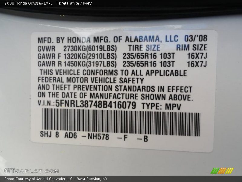 Taffeta White / Ivory 2008 Honda Odyssey EX-L