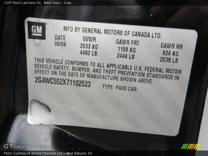 Info Tag of 2007 LaCrosse CX