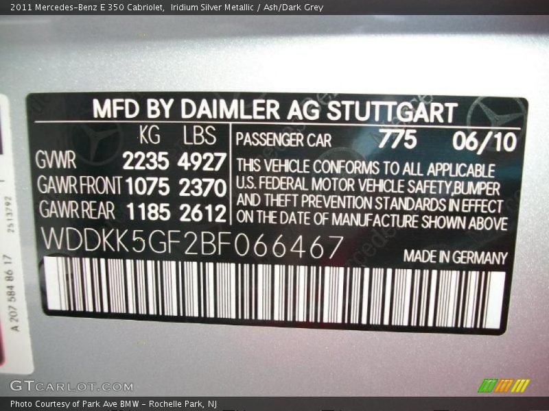 2011 E 350 Cabriolet Iridium Silver Metallic Color Code 775