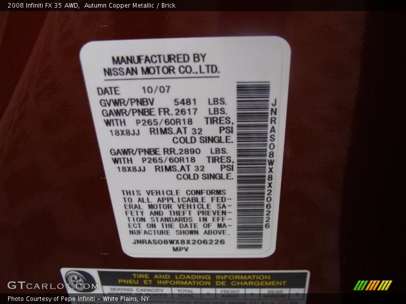 Info Tag of 2008 FX 35 AWD