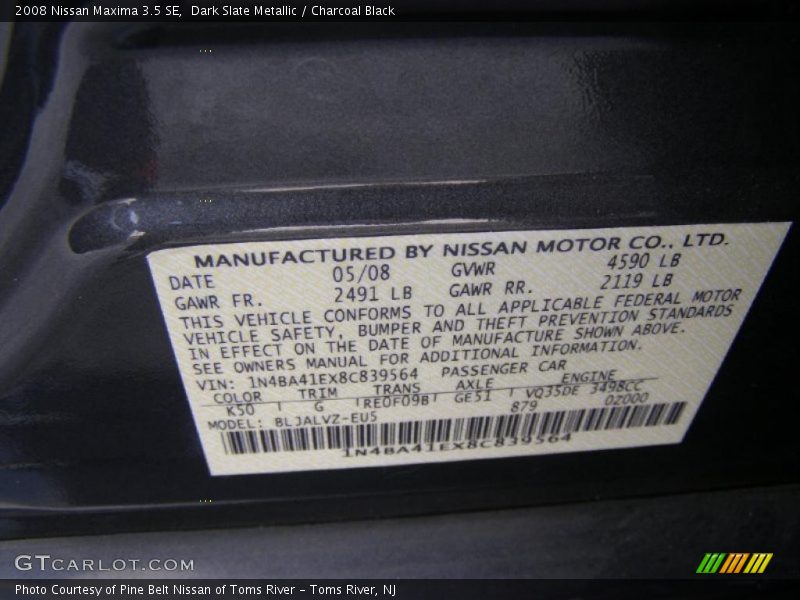 Dark Slate Metallic / Charcoal Black 2008 Nissan Maxima 3.5 SE