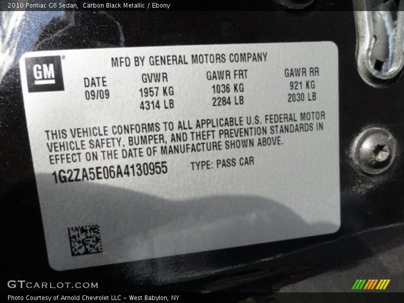 Carbon Black Metallic / Ebony 2010 Pontiac G6 Sedan