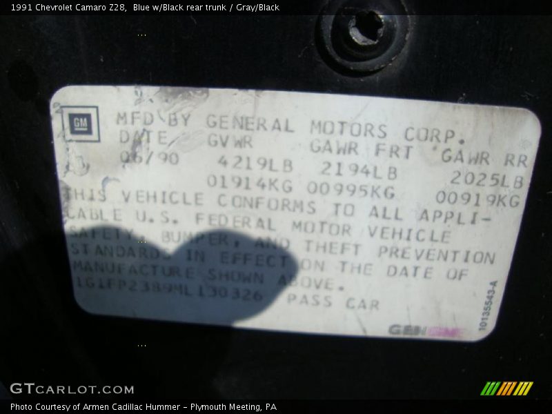 Info Tag of 1991 Camaro Z28