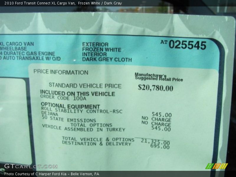  2010 Transit Connect XL Cargo Van Window Sticker