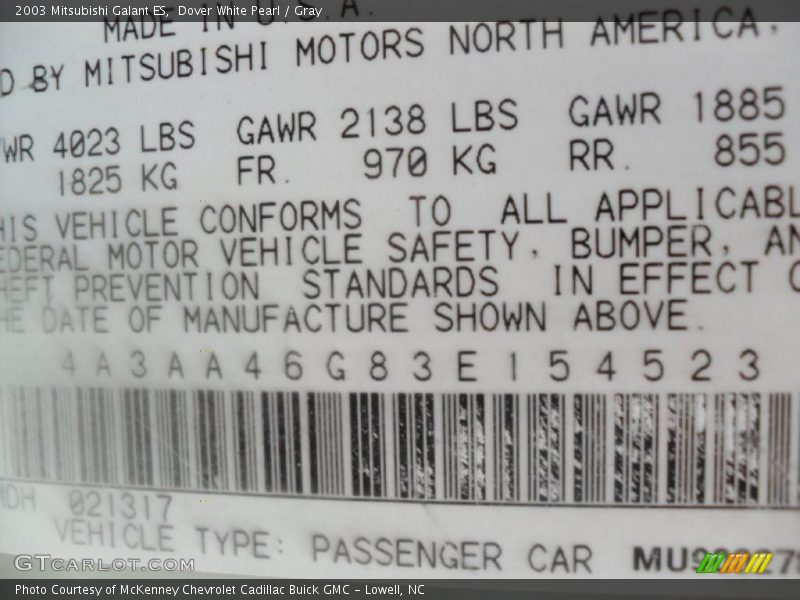Dover White Pearl / Gray 2003 Mitsubishi Galant ES