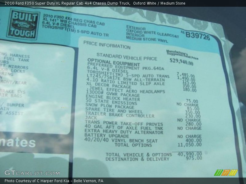  2010 F350 Super Duty XL Regular Cab 4x4 Chassis Dump Truck Window Sticker