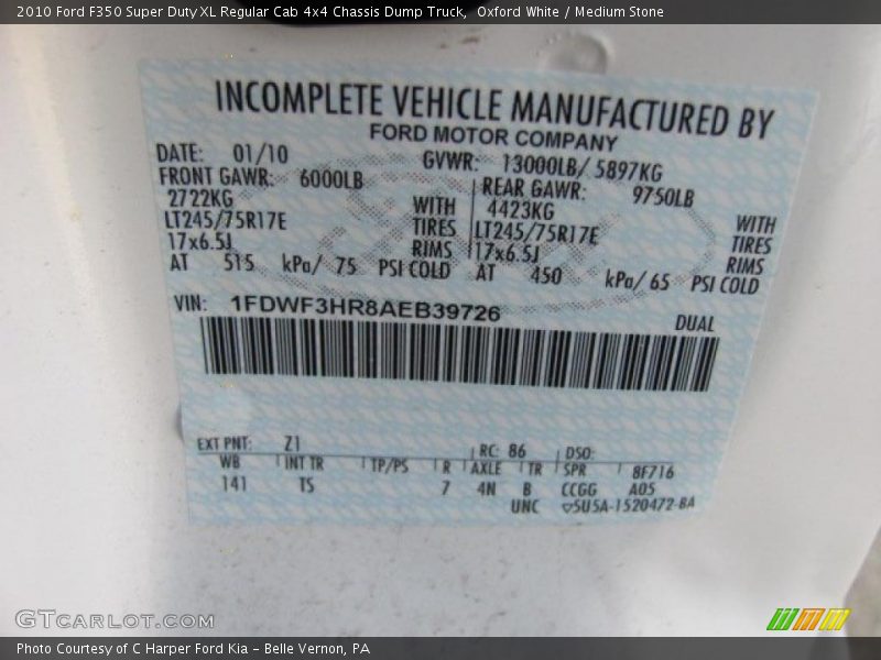 2010 F350 Super Duty XL Regular Cab 4x4 Chassis Dump Truck Oxford White Color Code Z1