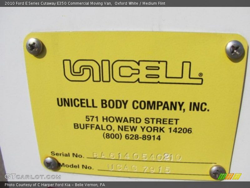 Info Tag of 2010 E Series Cutaway E350 Commercial Moving Van