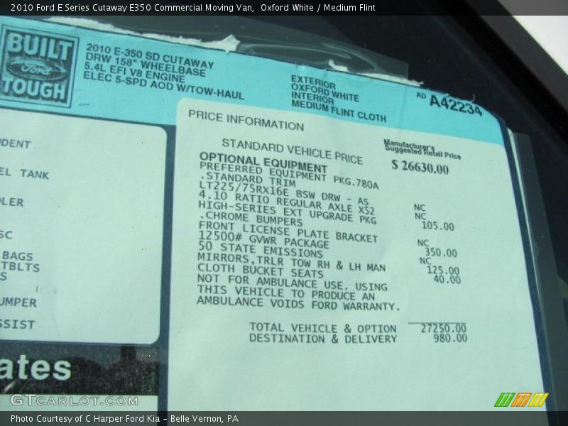  2010 E Series Cutaway E350 Commercial Moving Van Window Sticker