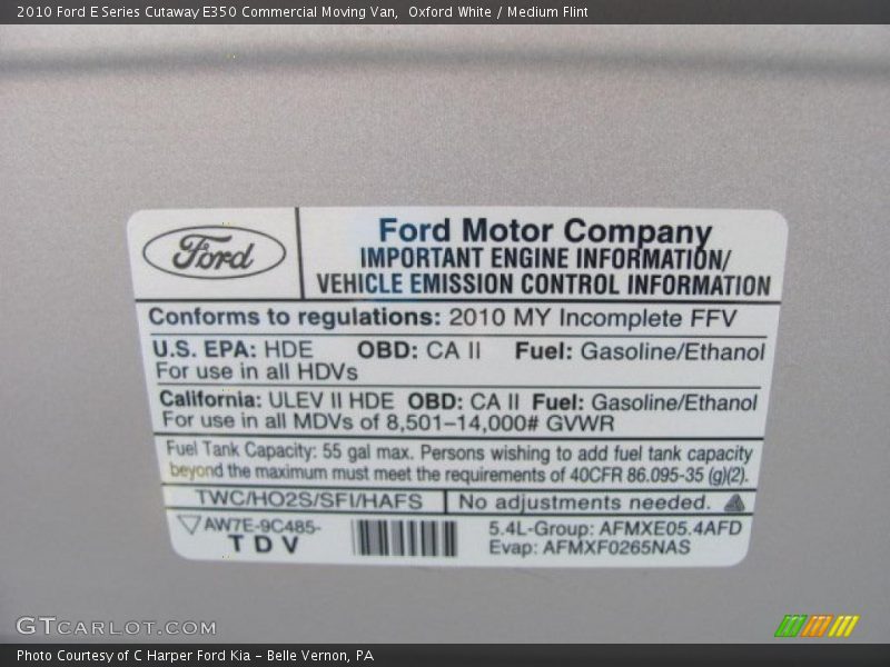 Info Tag of 2010 E Series Cutaway E350 Commercial Moving Van