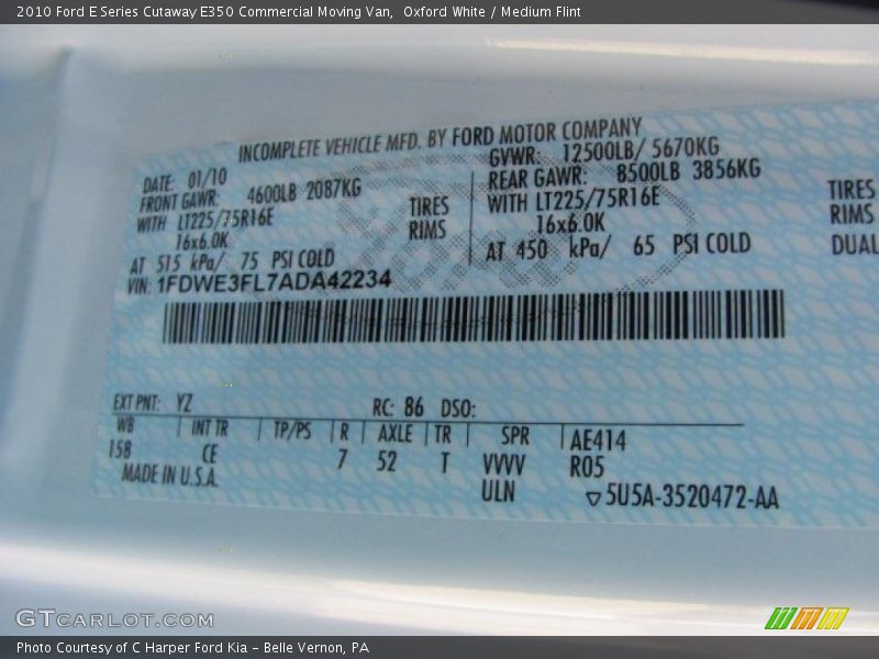 2010 E Series Cutaway E350 Commercial Moving Van Oxford White Color Code YZ