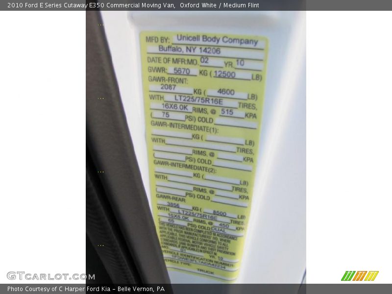 Info Tag of 2010 E Series Cutaway E350 Commercial Moving Van