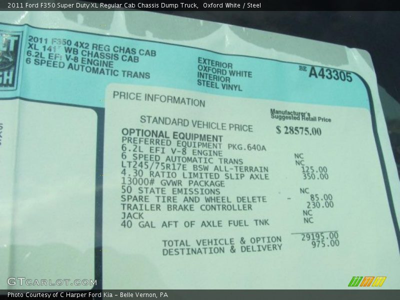  2011 F350 Super Duty XL Regular Cab Chassis Dump Truck Window Sticker