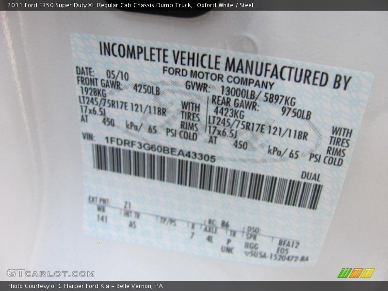 Oxford White / Steel 2011 Ford F350 Super Duty XL Regular Cab Chassis Dump Truck