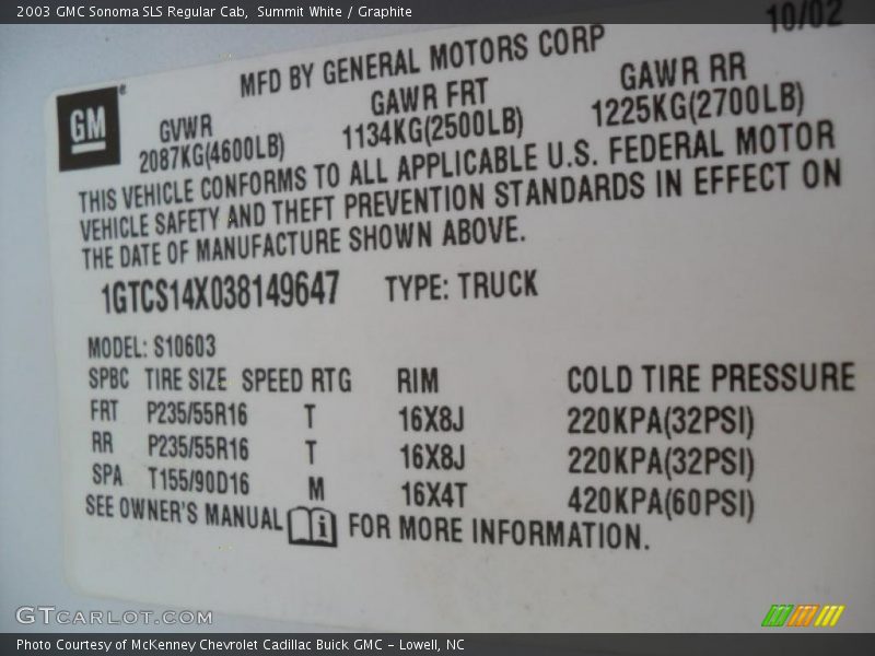 Summit White / Graphite 2003 GMC Sonoma SLS Regular Cab