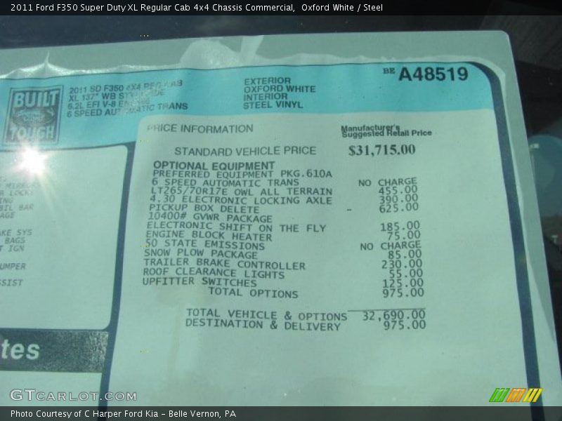  2011 F350 Super Duty XL Regular Cab 4x4 Chassis Commercial Window Sticker