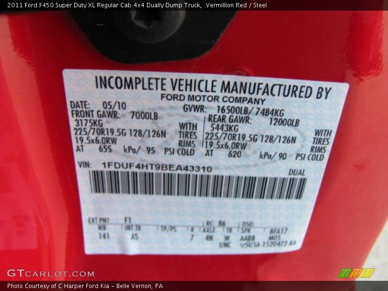 2011 F450 Super Duty XL Regular Cab 4x4 Dually Dump Truck Vermillion Red Color Code F1