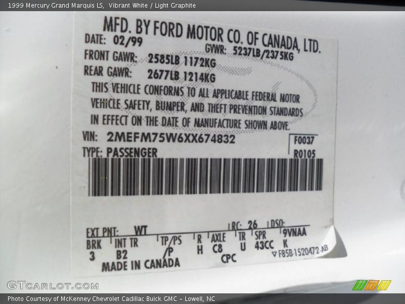 1999 Grand Marquis LS Vibrant White Color Code WT