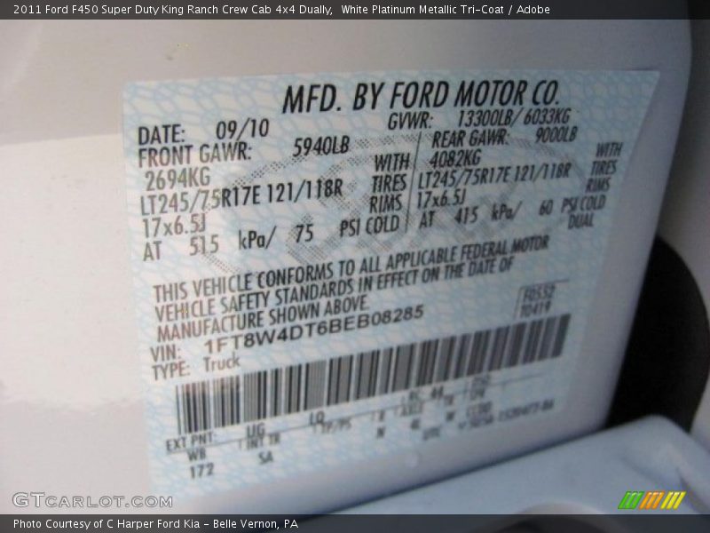 2011 F450 Super Duty King Ranch Crew Cab 4x4 Dually White Platinum Metallic Tri-Coat Color Code UG