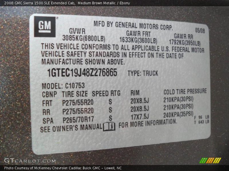 Info Tag of 2008 Sierra 1500 SLE Extended Cab