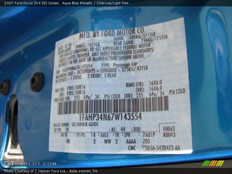 2007 Focus ZX4 SES Sedan Aqua Blue Metallic Color Code TH