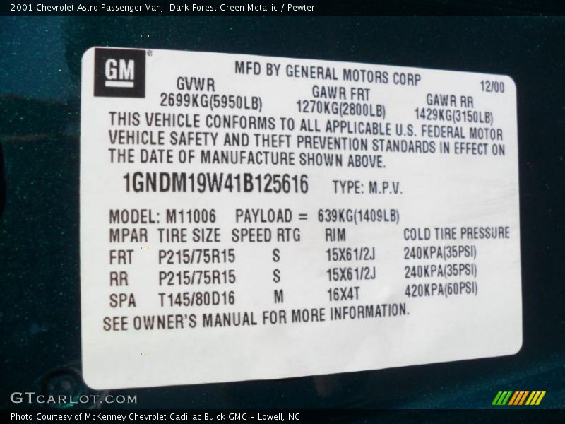 Dark Forest Green Metallic / Pewter 2001 Chevrolet Astro Passenger Van