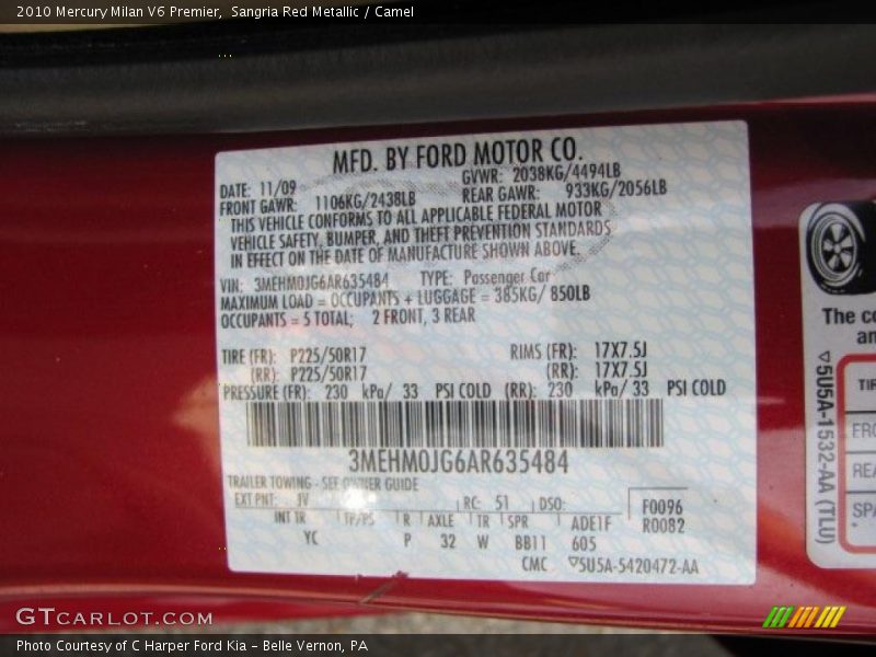 2010 Milan V6 Premier Sangria Red Metallic Color Code JV