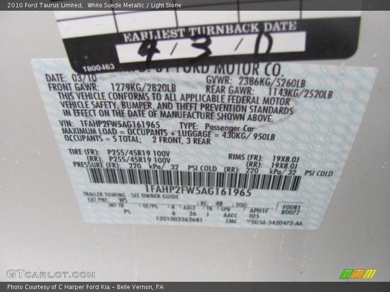 2010 Taurus Limited White Suede Metallic Color Code WS