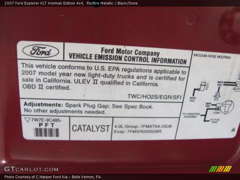 Info Tag of 2007 Explorer XLT Ironman Edition 4x4