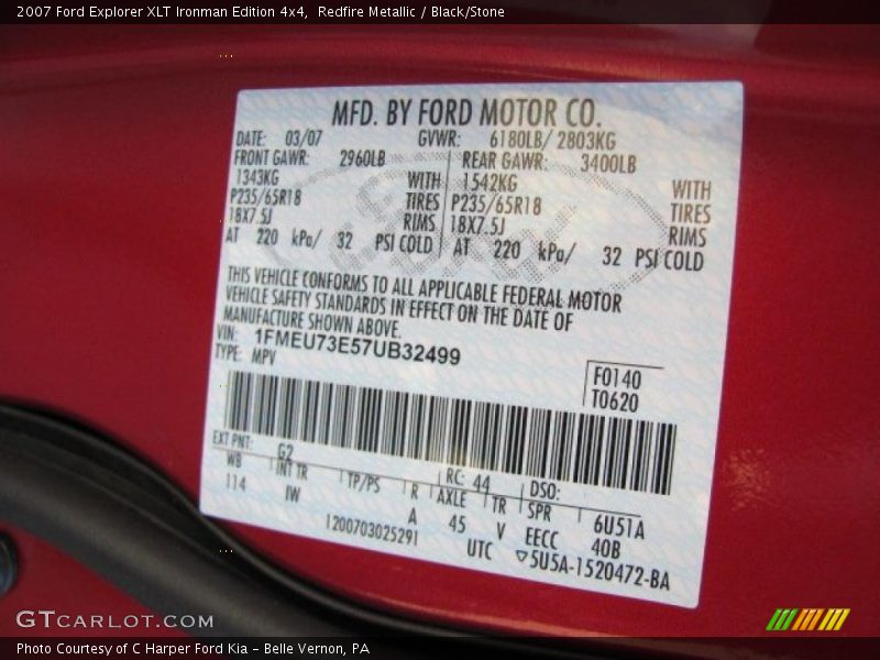 2007 Explorer XLT Ironman Edition 4x4 Redfire Metallic Color Code G2