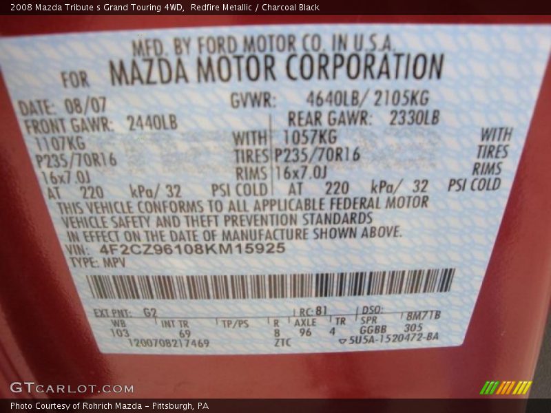 2008 Tribute s Grand Touring 4WD Redfire Metallic Color Code G2