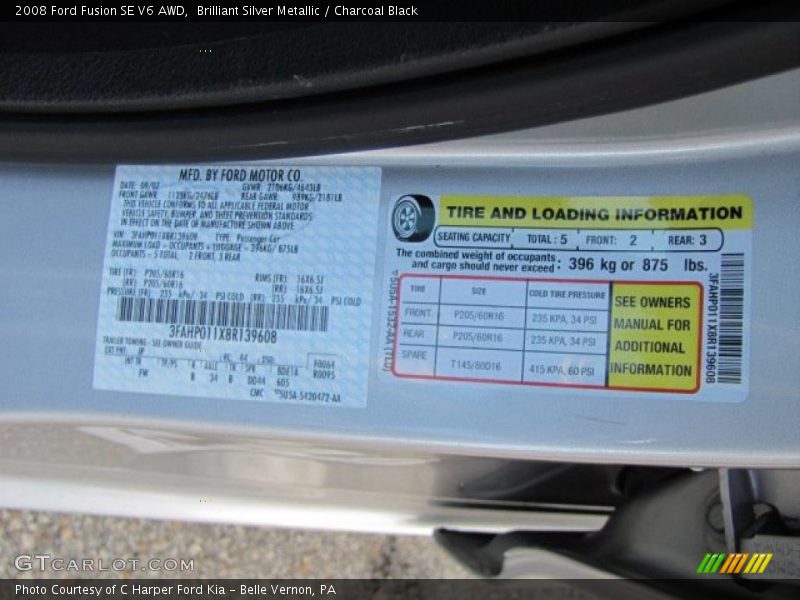 Info Tag of 2008 Fusion SE V6 AWD