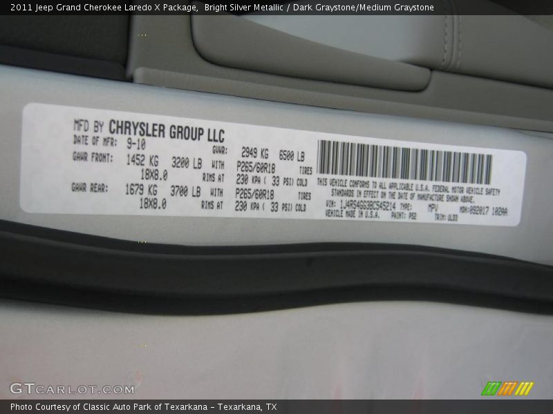 2011 Grand Cherokee Laredo X Package Bright Silver Metallic Color Code PS2