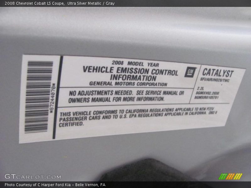 Info Tag of 2008 Cobalt LS Coupe