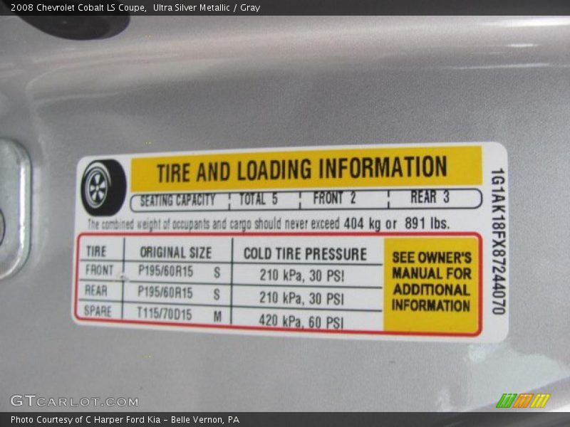 Info Tag of 2008 Cobalt LS Coupe