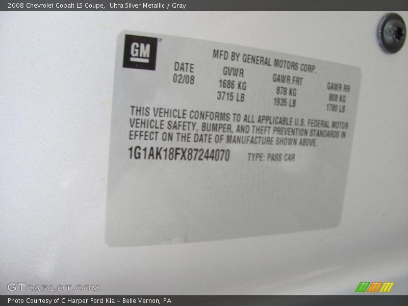 Info Tag of 2008 Cobalt LS Coupe