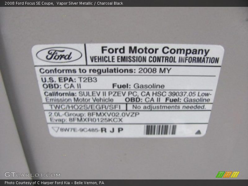 Info Tag of 2008 Focus SE Coupe