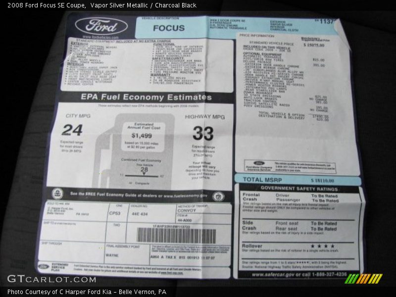  2008 Focus SE Coupe Window Sticker