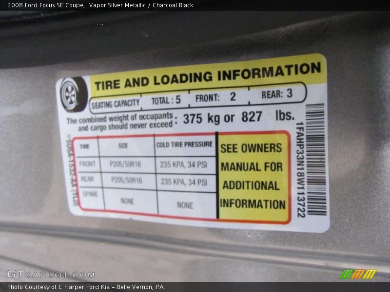 Info Tag of 2008 Focus SE Coupe