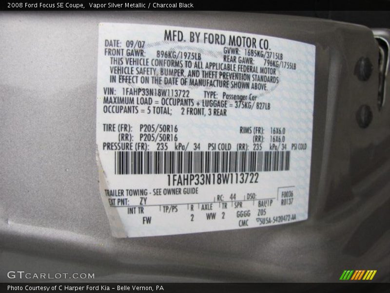 2008 Focus SE Coupe Vapor Silver Metallic Color Code ZY