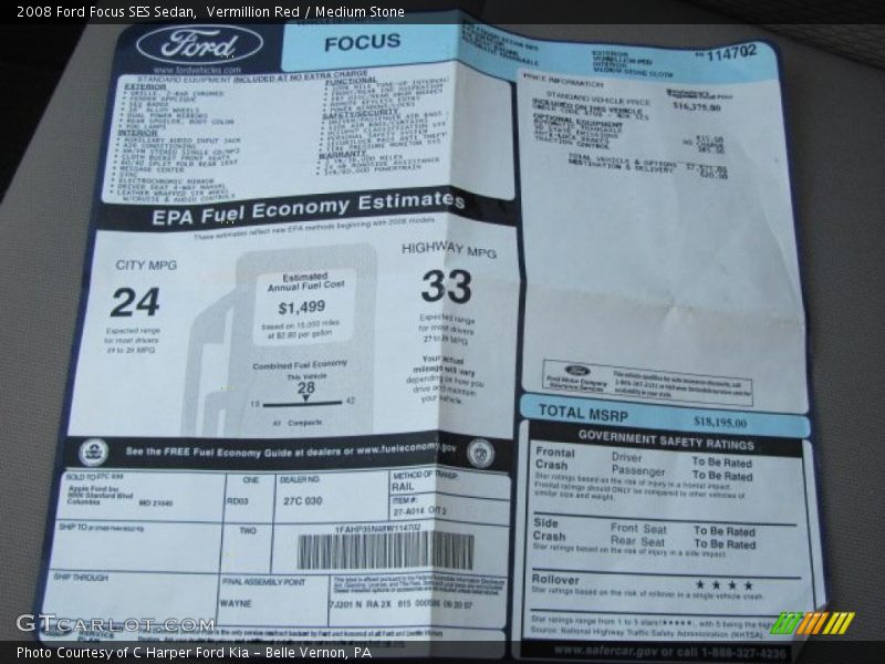  2008 Focus SES Sedan Window Sticker