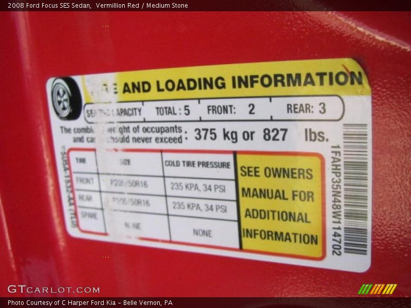 Info Tag of 2008 Focus SES Sedan
