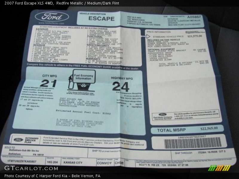  2007 Escape XLS 4WD Window Sticker